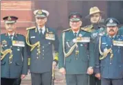  ?? ARVIND YADAV/HT FILE ?? ■
CDS Gen Bipin Rawat with Army Chief Gen MM Naravane, Navy Chief Admiral Karambir Singh and Air Chief Marshal Rakesh Kumar Singh Bhadauria in New Delhi on January 1.