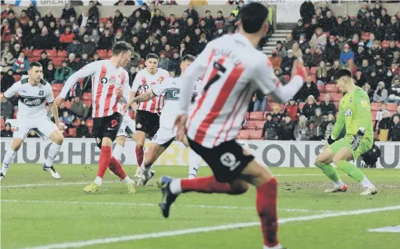  ?? ?? Nathan Broadhead scores for Sunderland against Plymouth.