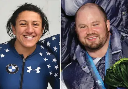  ??  ?? At left, in a 4 February 2017, file photo, US bobsledder Elana Meyers Taylor celebrates after a women's World Cup race in Innsbruck, Austria. At right, in a 27 February 2010, file photo, US bobsledder Steven Holcomb poses during the medal ceremony at...