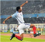  ?? /Reuters ?? Top goal scorer: Rhian Brewster celebrates one of his three goals to send England into the U17 World Cup final.