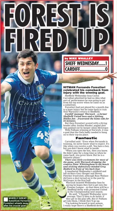  ??  ?? WHEELY GREAT: Substitute Fernando Forestieri wheels away after his crucial goal