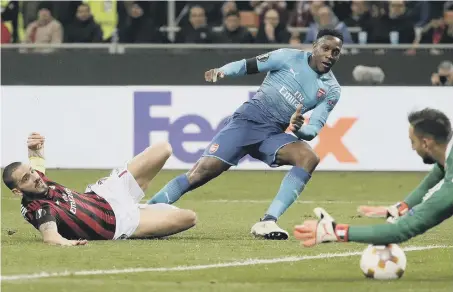  ??  ?? Ex-Sunderland loanee Danny Welbeck gets in a shot on goal in last night’s 2-0 Europa League victory at AC Milan.
