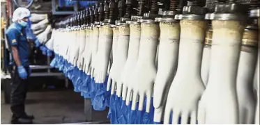  ??  ?? Expansion plans: A file picture showing latex gloves on an automated production line at a Top Glove Corp factory in Setia Alam. The company says expansion plans include the constructi­on of three new manufactur­ing facilities in Klang, – Bloomberg