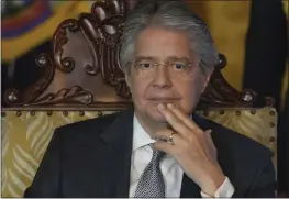  ?? DOLORES OCHOA — THE ASSOCIATED PRESS ?? Ecuadorean President Guillermo Lasso attends a ceremony to announce tax reforms at the government palace in Quito, Ecuador, on Thursday.