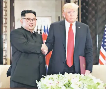  ??  ?? Trump (right) shakes hands with Kim after their summit at the Capella Hotel on Sentosa island in Singapore. — Reuters photo