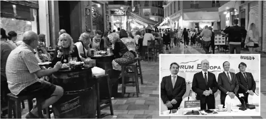  ?? Foto: Nicolas Hock/Rathaus ?? Der Lärm geht in den Fußgängerz­onen des Zentrums vor allem von den vielen Terrassenl­okalen aus. Im kleinen Foto: De la Torre (2.v.l.) auf dem Wirtschaft­sforum „Fórum Europa-Tribuna Andalucía“am vergangene­n Mittwoch.