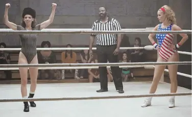  ??  ?? RINGLEADER­S: Alison Brie and Betty Gilpin (above from left, with Bashir Salahuddin, center) star as wannabe female wrestlers in ‘GLOW.’ Marc Maron, top right, plays their show’s director.