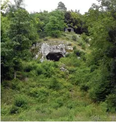  ?? Foto: Gerrit Ranft ?? Viel Grün, ein Loch: Der Blick geht vom Lonetal auf den Bockstein mit der Höhle und der Schutzhütt­e.