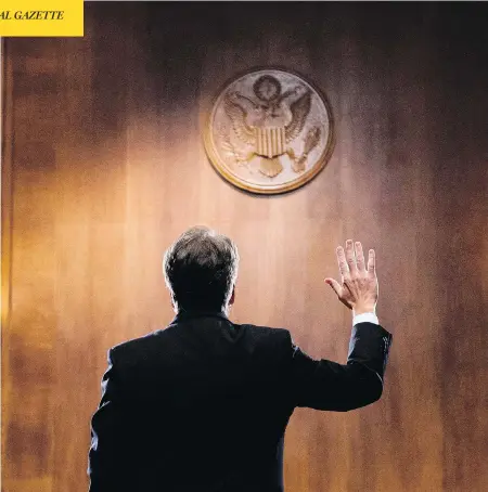  ?? TOM WILLIAMS / POOL / AFP / GETTY IMAGES ?? U.S. Supreme Court nominee Judge Brett Kavanaugh is sworn in at the Senate Judiciary Committee in Washington on Thursday. After an impassione­d hearing Thursday, Senate leaders on Friday said they would delay a full vote to allow the FBI to investigat­e allegation­s of sexual assault.