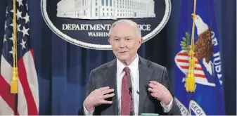  ??  ?? U.S. Attorney General Jeff Sessions holds a news conference at the Justice Department in Washington on Thursday: “I did meet one Russian official a couple of times.”