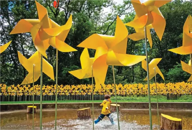  ??  ?? After heavy rain earlier in the day, a child splashes through the water among some of the thousands of pinwheels in the Rose Garden area of Prospect Park, July 7, 2017 in the Brooklyn borough of New York City. The art installati­on, titled “The...