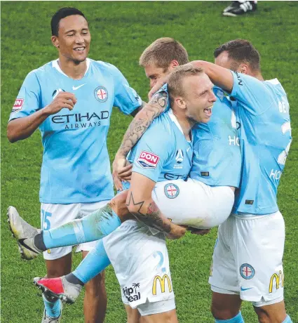  ?? Picture: AAP ?? JOY: Luke Brattan of Melbourne City celebrates his goal last night against Newcastle Jets.