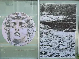  ??  ?? Simboli di una città
In alto la Medusa, a significar­e il legame di Livorno con Firenze e un mare agitato durante una libecciata. A destra il bomber Cristiano Lucarelli, la Madonna di Montenero e «Mamma Franca», la storica negoziante di piazza XX Settembre simbolo dell’anima popolare di Livorno. Le opere sono state affisse sulle vetrate della baracchina abbandonat­a El Tiburon