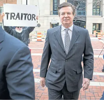  ?? THE NEW YORK TIMES ?? Paul Manafort, President Donald Trump’s former campaign chairman, leaves the federal courthouse after his arraignmen­t hearing in Alexandria, Virginia in March.