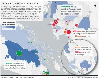  ?? SOURCE: PARTY LEADER ITINERARIE­S N. GRIFFITHS / POSTMEDIA NEWS ?? Furstenau’s only trip outside of Vancouver Island and the Lower Mainland has been a stop in Squamish.