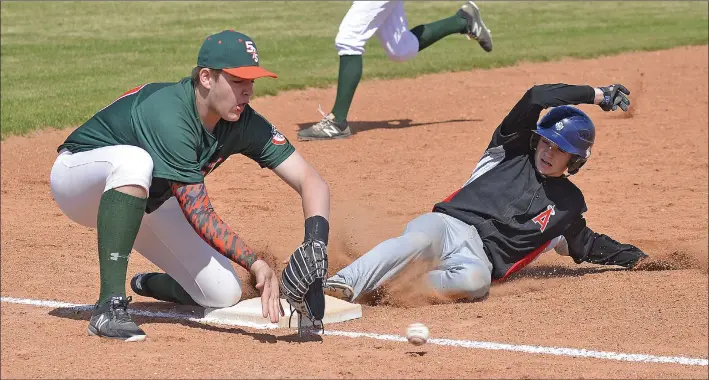  ?? STEVEN MAH/SOUTHWEST BOOSTER ?? Top: Swift Current Bantam AAA 57’s third baseman Dawson Schultz (left) tried to put the tag down on an Alameda baserunner during a 17-15 win on Saturday. Below: Midget AAA 57’s third baseman Brody Alexandre made a clean play in the field during a...