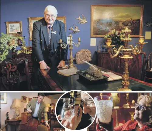  ?? PICTURES: BRUCE ROLLINSON. ?? BACK IN VOGUE: Top, David Harvey with antique furniture at the Harrogate fair; above, from left, Mark Buckley of Mark Buckley Antiques, with a pop up Davenport writing desk, 1870; Jo Brayshaw examines a 1930s silver and glass chota peg; Janice Kehoe, of Solo Antiques, with a Rene Lalique St Tropez design vase, 1930.