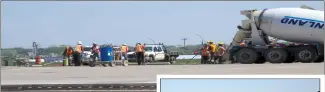  ?? NEWS PHOTOS GILLIAN SLADE ?? ABOVE: Some of the new concrete surfaces at the Medicine Hat Airport are complete with more pouring taking place Monday. RIGHT: Crews pour concrete at the end of the main runway on Monday. In the foreground is a large white cross indicating to any...