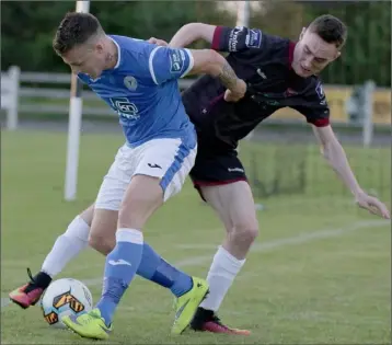  ??  ?? A probing crossfield run by Dean George, seen here battling with former Wexford Youths player Aidan Friel in the recent home draw with Finn Harps, led to the Wexford F.C. goal.