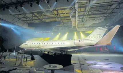  ?? BOMBARDIER BUSINESS AIRCRAFT VIA REUTERS ?? The new Global 6500 jet is unveiled at the European Business Aviation Convention and Exhibition (EBACE2018) in Geneva, Switzerlan­d on Sunday.