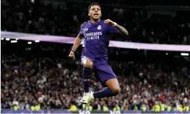  ?? ?? Rodrygo celebrates after scoring the second of his goals in Real Madrid’s 2-0 win over Athletic Club in their most recent match. Photograph: Florencia Tan Jun/Getty Images