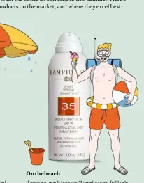  ??  ?? On the beach If you’re a beach bum you’ll need a great full body sunscreen, and that comes courtesy of Hampton Sun’s SPF 35 Continuous Mist Sunscreen. It’s water-resistant and strengthen­s skin with vitamins and aloe vera. £33/148ml; spacenk.com