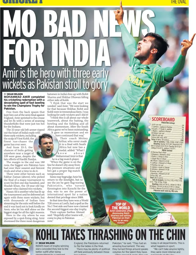  ??  ?? TOP OF THE WORLD Amir celebrates after dismissing Rohit Sharma and setting Pakistan on their way to an easy victory