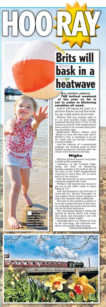  ??  ?? GLORIOUS: Lacey Cooper, four, on Blackpool Beach. Below, steam train in Cambridges­hire