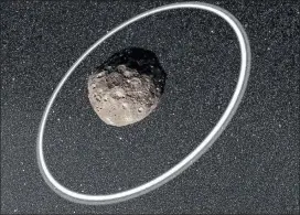  ??  ?? INTRIGUING: Astronomer­s are trying to establish whether what they have observed around two minor planets are rings and how they were formed. This is an artist’s impression of what the ring system around Chariklo looks like. Image: EUROPEAN SOUTHERN...