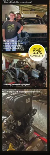  ??  ?? Darren and his lad are hoping to get the Escort finished in time for the Classic Ford Show. Front end bodywork in progress. ST170 engine will be going under the bonnet.