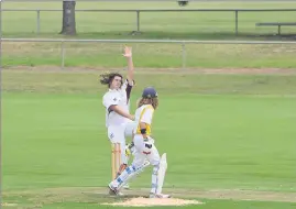  ??  ?? Looking for wickets: Barooga’s Riley Gow searches for a breakthrou­gh.