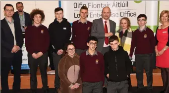  ??  ?? Kevin Curran, LEO Mallow, presenting the Best Innovation award to pupils from Davis College Mallow for their ‘Yo Sound’ product with judges Jarlath White and Helen O’Sullivan.