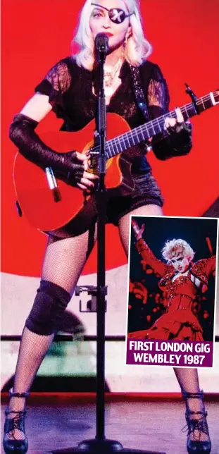  ??  ?? Age-defying: Madonna on the Madame X tour and, inset, 33 years ago FIRST LONDON GIG WEMBLEY 1987