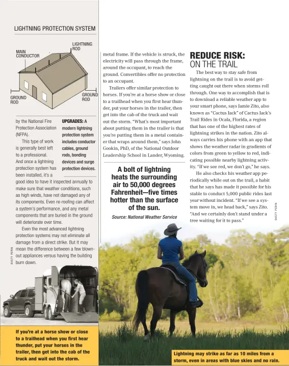  ??  ?? If you’re at a horse show or close to a trailhead when you first hear thunder, put your horses in the trailer, then get into the cab of the truck and wait out the storm. Lightning may strike as far as 10 miles from a storm, even in areas with blue...