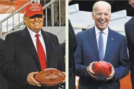  ?? Andrew Caballero- Reynolds / AFP via Getty Images; Tracey Nearmy , Pool ?? Donald Trump owned a pro football team, but his stance on player protests could be called malarkey by Joe Biden