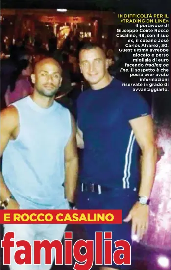  ??  ?? IN DIFFICOLTÀ PER IL «TRADING ON LINE» Il portavoce di Giuseppe Conte Rocco Casalino, 48, con il suo ex, il cubano José Carlos Alvarez, 30. Quest’ultimo avrebbe giocato e perso migliaia di euro facendo trading on
line. Il sospetto è che possa aver avuto informazio­ni riservate in grado di avvantaggi­arlo.