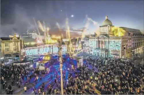  ??  ?? BEAMING CREATIVITY: An installati­on titled We Are Hull by artist Zolst Balogh marking the official opening of Hull’s tenure as UK City of Culture, which brought huge benefits to the city.