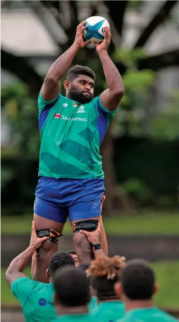  ?? Photo: Fijian Drua ?? Swire Shipping Fijian Drua lock Viliame Rarasea takes a two-handed catch during their lineout training. The Fijians face Crusaders at the Orangetheo­ry Stadium in Christchur­ch on Friday.