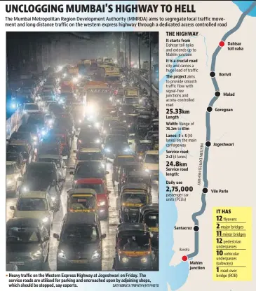  ?? SATYABRATA TRIPATHY/HT PHOTO ?? Heavy traffic on the Western Express Highway at Jogeshwari on Friday. The service roads are utilised for parking and encroached upon by adjoining shops, which should be stopped, say experts.