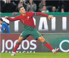  ?? REUTERS ?? Portugal’s Cristiano Ronaldo reacts after scoring against Liechtenst­ein.