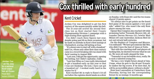  ?? Picture: Barry Goodwin (55986820) ?? Jordan Cox -onhisway to a second first-class ton at Essex