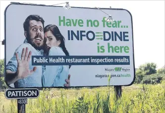  ?? BOB TYMCZYSZYN THE ST. CATHARINES STANDARD ?? A billboard near Lundy's Lane and Garner Road in Niagara Falls by the regional health department to promote the Info Dine restaurant­s' cleanlines­s rating but the message isn’t sitting well with some city councillor­s.