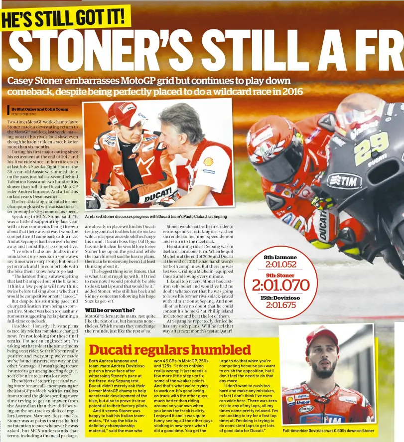  ?? ByMatOxley­andColinYo­ung MCNCONTRIB­UTORS ?? A relaxed Stoner discusses progress with Ducati team’s Paolo Ciabatti at Sepang Full-time rider Dovizioso was 0.605s down on Stoner