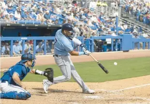  ?? DOUGLAS R. CLIFFORD/AP ?? Tampa Bay’s Isaac Paredes — who singled, drove in a run, drew a walk and struck out in the Rays’ 7-6 loss to the Blue Jays on Friday — hit 20 home runs last year after connecting for two total previously in his major league career.