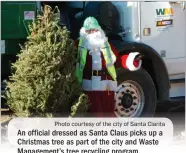  ?? Photo courtesy of the city of Santa Clarita ?? An official dressed as Santa Claus picks up a Christmas tree as part of the city and Waste Management’s tree recycling program.