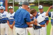  ?? AUSTIN HERTZOG - DIGITAL FIRST MEDIA ?? Oley Valley’s Gavin Troutman receives his winner’s medal after the Lynx won the District 3-AA championsh­ip on June 2.