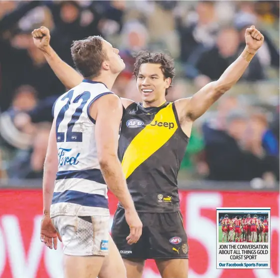  ?? Picture: MICHAEL KLEIN ?? Richmond's Daniel Rioli celebrates putting the Tigers 23 points ahead late in the game after tackling Geelong's Mitch Duncan with the ball.