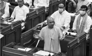  ??  ?? On the floor of the Assembly, Yogi Adityanath said some persons “shamelessl­y” backed the Taliban despite the “cruelty they inflicted upon women and children” and stressed that their “faces” must be exposed