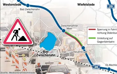  ?? GRAFIK: MEDIENGRAF­IKSCHMIEDE ?? Hier wird gebaut: Zwischen Neuenkruge und Zwischenah­ner Meer wird derzeit die Fahrbahn erneuert. Ab 23. Juli muss zudem die Auf- und Abfahrt Neuenkruge gesperrt werden.