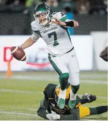  ?? CANADIAN PRESS FILE PHOTO ?? Saskatchew­an Roughrider­s quarterbac­k Cody Fajardo dodges a tackle from Eskimos’ Nick Usher in Edmonton on Oct. 26.